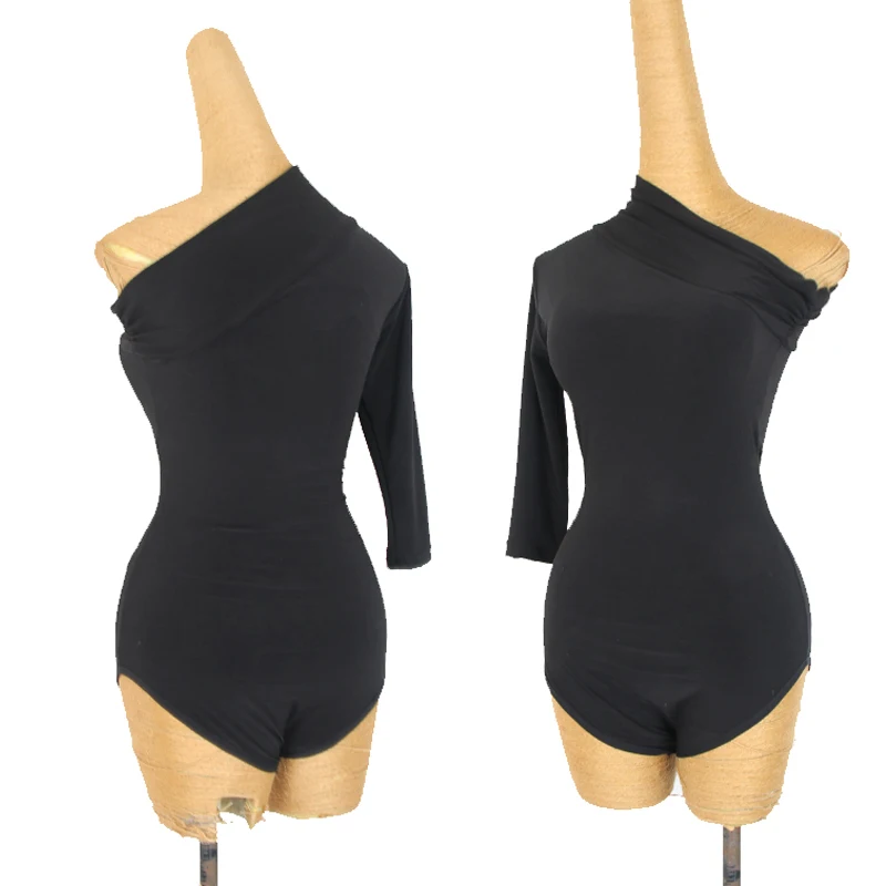 Latin Dance Practice Clothes Black Tops Singe Sleeve Bodysuit Women