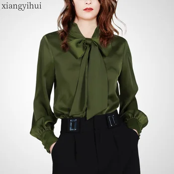 

Vintage Woman Shirt Bowknot Tie Collar Blouses Long Sleeve Office OL Style Clothing 2020 Spring Fashion Workout Tops Shirts