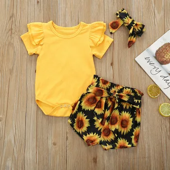 

US 3Pcs Newborn Baby Girl Clothes Romper Bodysuit Shorts Sunflower Summer Outfit