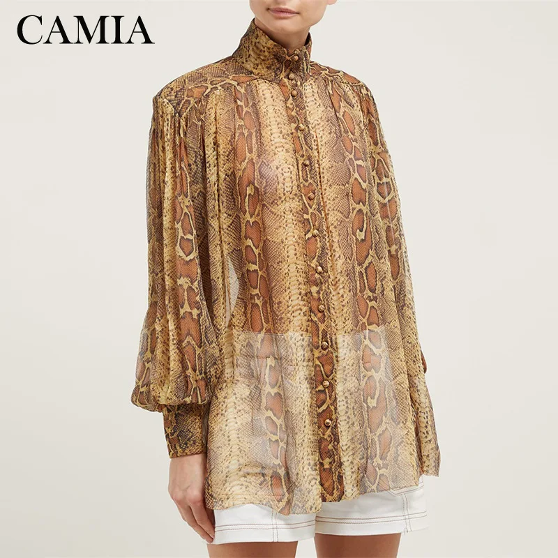 

CAMIA ZIM shirt stand collar loose python print comfortable chiffon shirt jacket women 2019 autumn newes