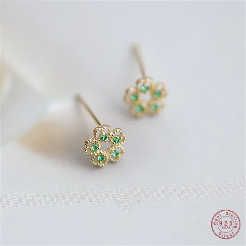 925 Sterling Silver French Simple Pavé Green Crystal Flower Stud Earrings Women Trend Charm Wedding Party Jewelry Gift