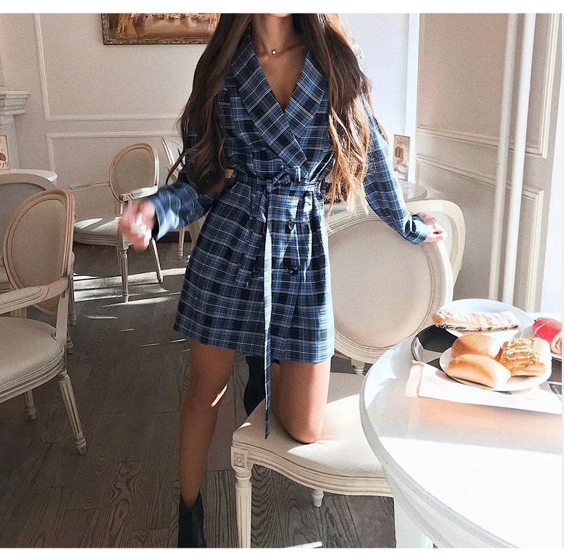 DICLOUD Casual Blue Plaid Blazer Dress Women Long Sleeve Autumn Winter Office Lady Outfit With Belt Sexy Streetwear Female