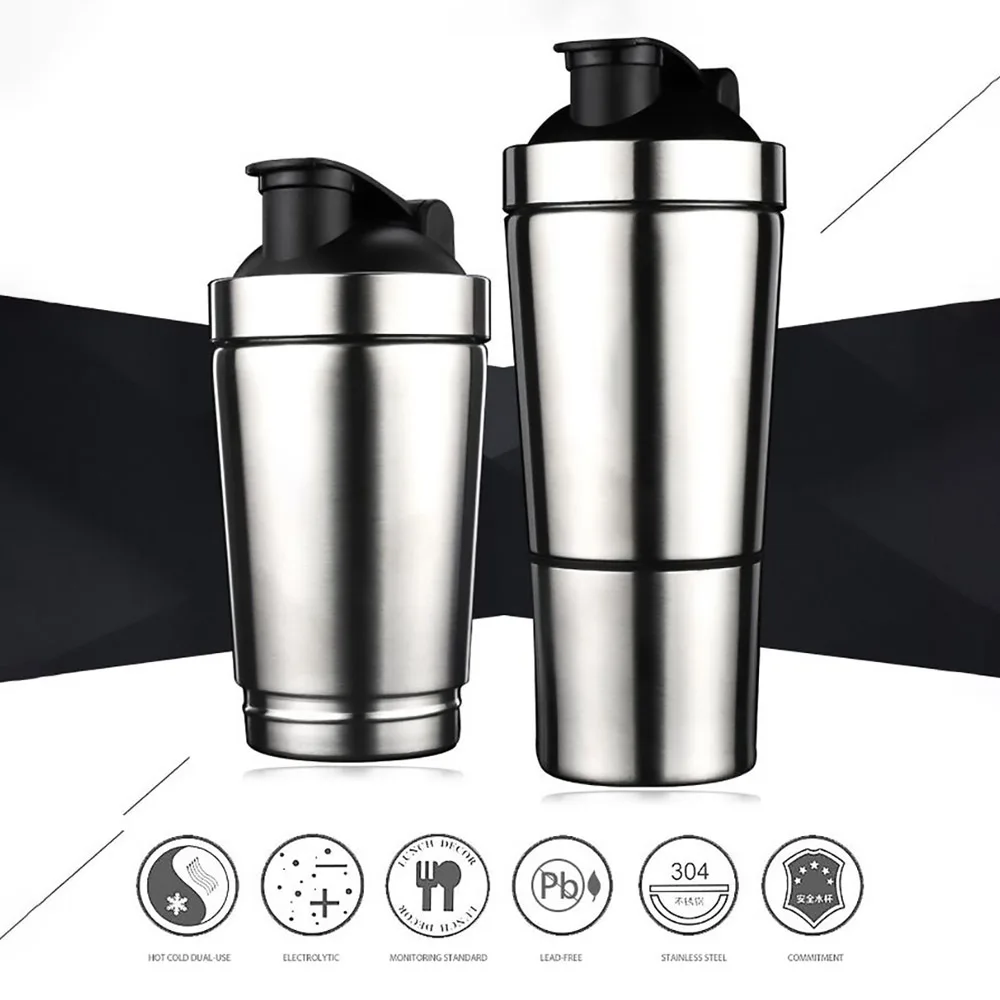 Günstige Hohe Qualität Protein Pulver Shaker Flasche Edelstahl Shaker Sport Fitness Metall Wasser Flasche Thermische Tasse Protein Mixer