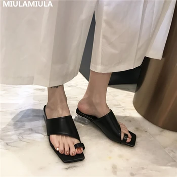 

MIULAMIULA Brand Designers 2020 Summer New Luxury Square Toe Transparent Heels Good Leather Lady Pumps Mules Flip Flops Outside