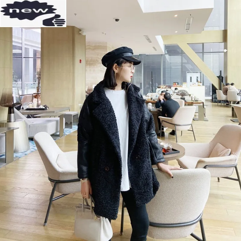 

2021 Winter New Lamb Wool Jacket Office Lady V-Neck Double Breasted Loose Thick Pockets Spliced Fashion Womens Outerwear