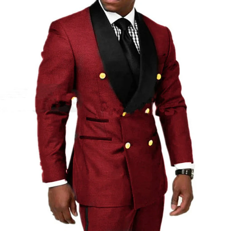Custom Stylish Double Breasted Burgundy Suits Men Slim Fit Plus Size