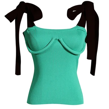 

Women Tie Shoulder Crop Top Vintage Bow Lace Up Knitted Tunic Camis