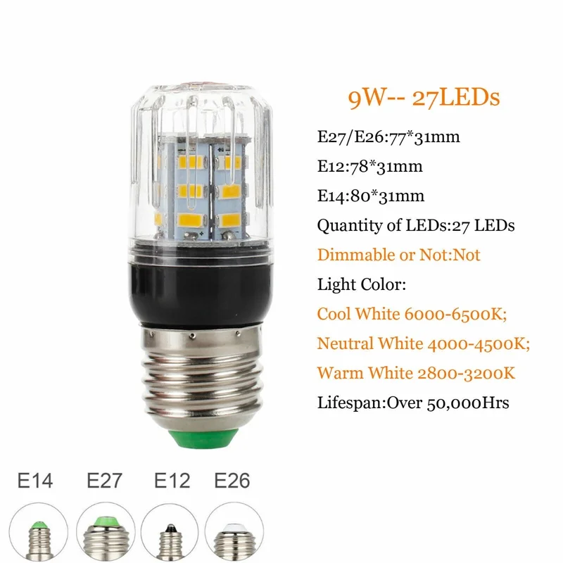 E27 Светодиодный светильник E14 E12 Лампа 5730 SMD лампа Кукуруза 7 Вт 9 Вт 12 Вт 15 Вт 18 Вт 20 Вт 25 Вт 28 Вт люстра Свеча светодиодный s свет для домашнего декора ампул - Испускаемый цвет: 27LEDs 9W