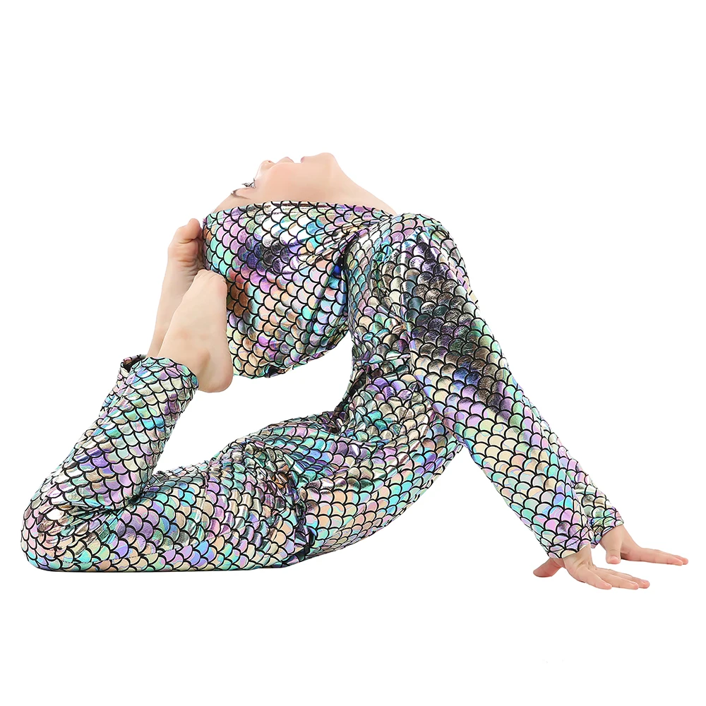 Mermaid Sequin Jumpsuit For Girl Fish Scale Hooded Bodysuit Costume