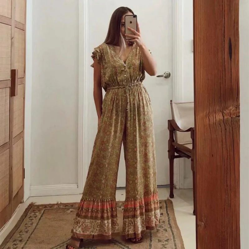 Повседневные Комбинезоны без рукавов свободные длинные брюки Boho Ползунки с цветами v-образным вырезом Ретро Женские повседневные Комбинезоны