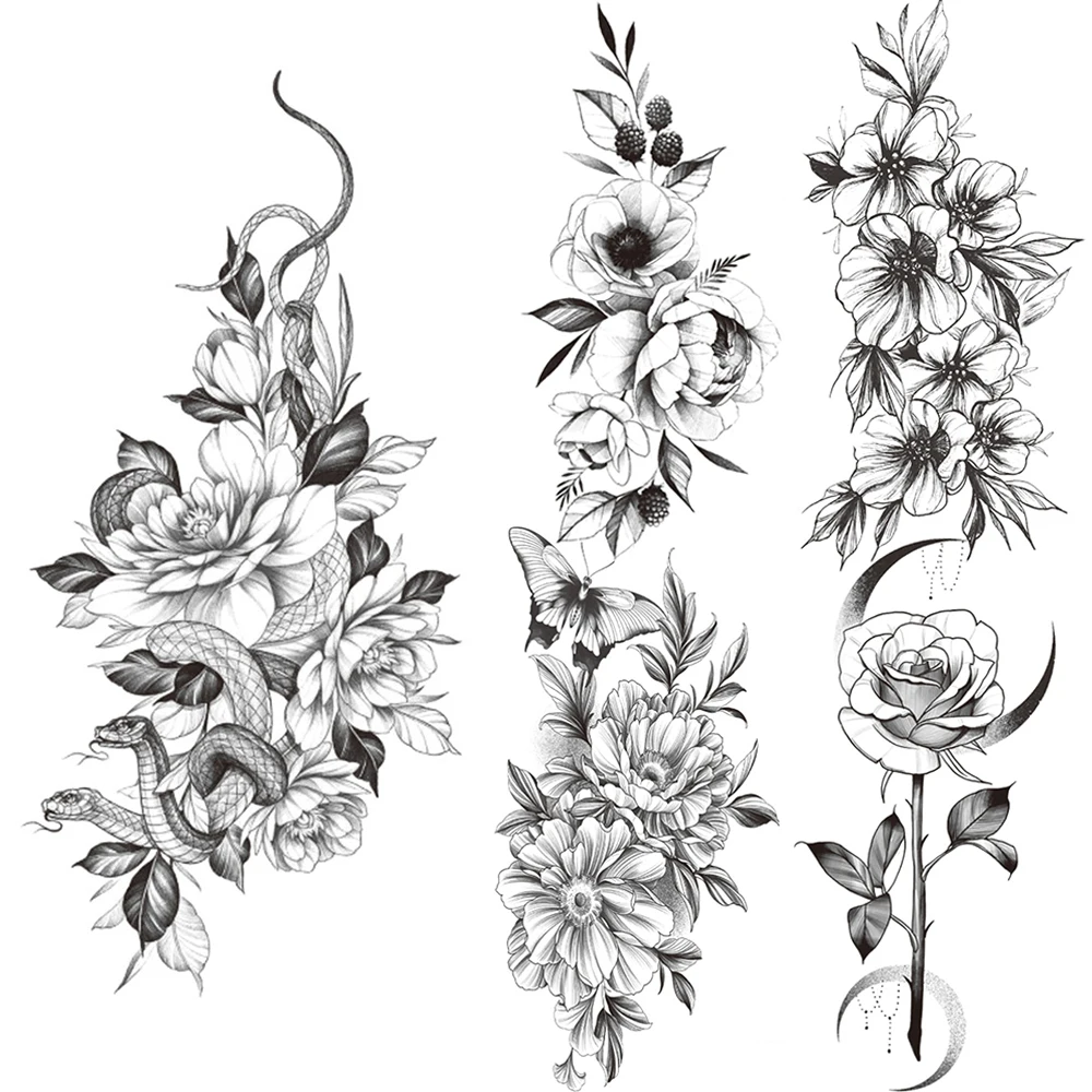 Dessin Fleur De Lys Pour Tatouage Tatouage Temporaire 3d De Fleur De Serpent Pour Femmes, Faux Tatouage  Autocollant De Pivoine Noire, Dessin De Branche De Lys, Tatouage  Imperméable Pour Le Corps, Les Mains Et Le Dos - Tatouages
