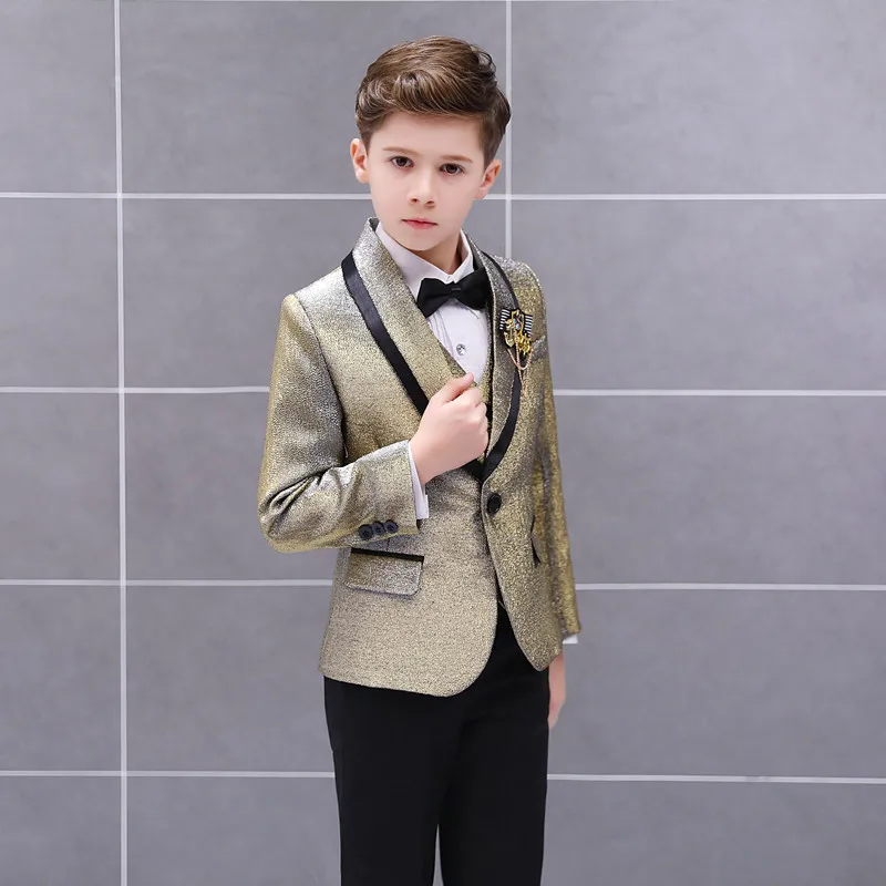 Formal Children's Dress Suit Set Gradient Color Flower Handsome Host Catwalk Wedding Costume Kids Blazer Vest Pants 3pcs Outfit