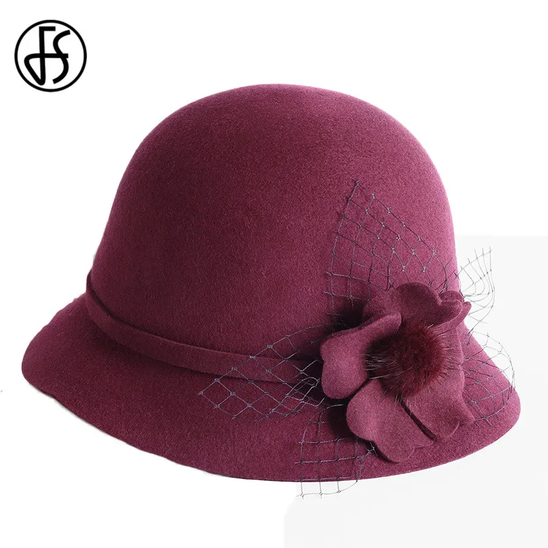 FS элегантная женская теплая шерстяная Фетровая Шляпа Fedora, королевский синий цветок, Дамская черная, винно-красная шляпа с широкими полями, зимняя, Осенняя шапка