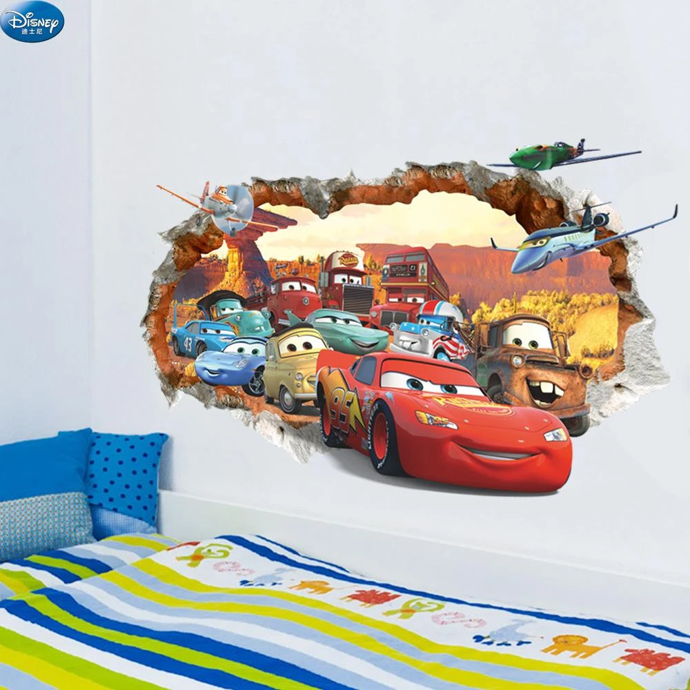 Cartoon Mcqueen Cars 3D Wall Stickers for Kids Room Boys Fake Window PVC Wallpaper Murals Sticker Decals Room Decoration Nursery