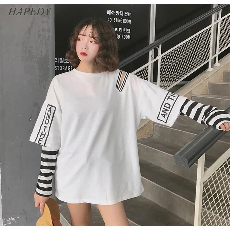 

Korean Women shirts letters stripe Kawaii tops O-Neck All-match Students t-shirts autumn Harajuku Loose Clothing Casual T shirt