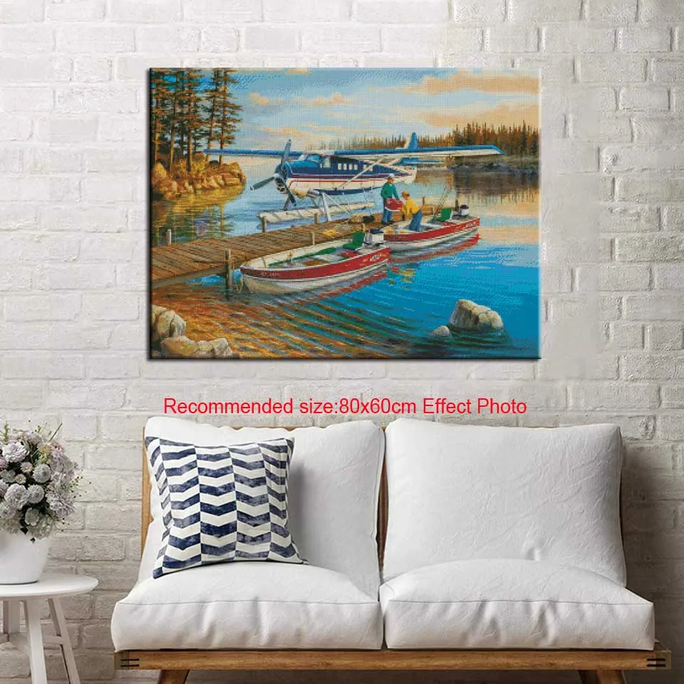 5D Diamond Embroidery Boat Lake Plane Landscape Handmade Diamond Painting Scenery Needlework Cross Stitch Home Decor-3-4