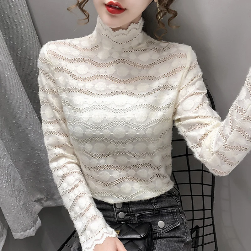 

New Winter 2020 Women's Lace Top Korean Version Versatile High Collar Hollow Out Fashionable Longsleeve Temperament Sexy Large