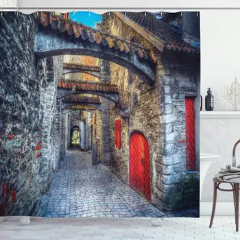 

Medieval Shower Curtain, Old Stone Street with Stone Passage Estonia Medieval Town Heritage Photo Art, Cloth Fabric Bathroom