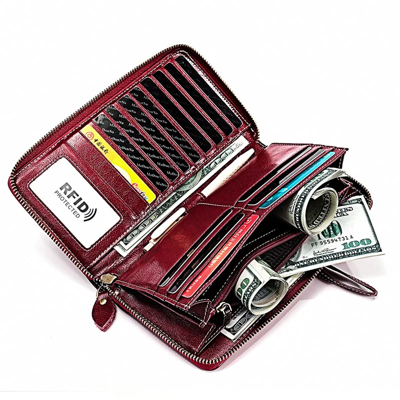 

RFID Anti Theft Wallet Genuine Leather Women's Multi Card Holder Wallets Long Women Solid Purse Large Capacity Female Clutch Bag