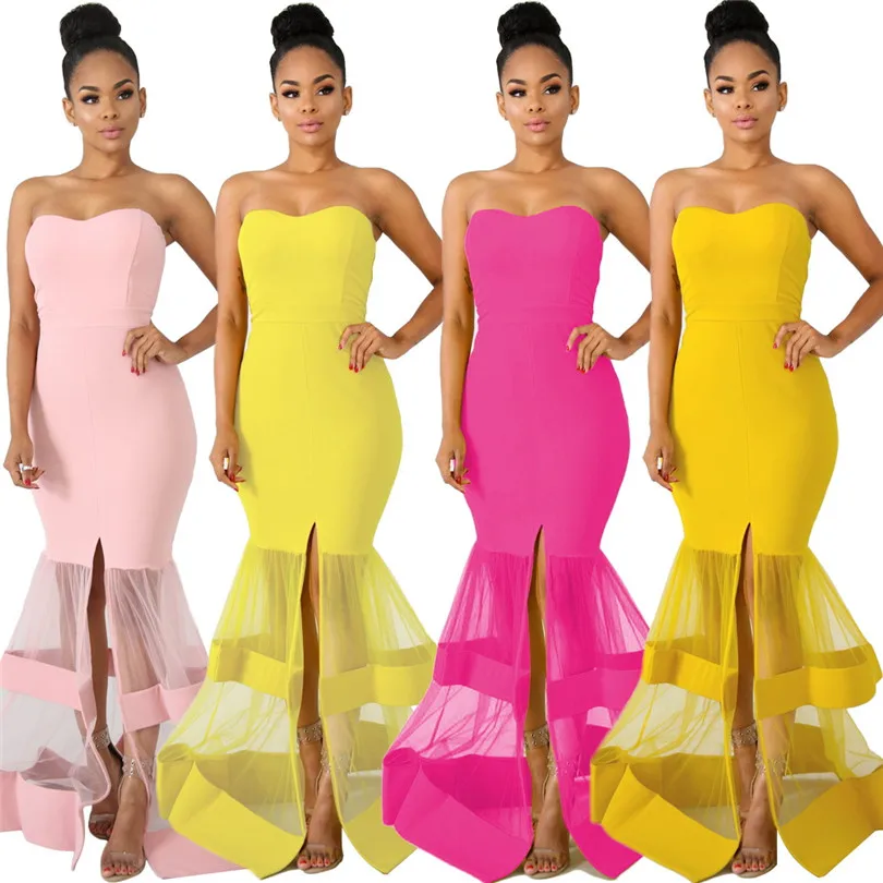 Женские Длинные вечерние платья, сексуальные платья макси из тюля и сетки в стиле пэчворк, Элегантная Дамская посылка, облегающее платье в стиле хип-хоп, розовый, желтый цвет, женская летняя одежда