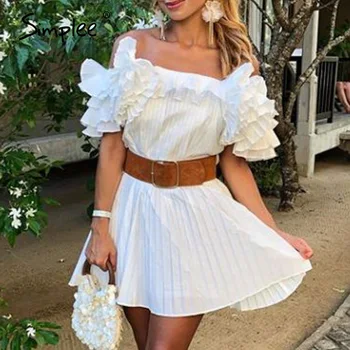 

Simplee High fashion ruffle sleeve summer dress Elegant white pleated female short sundress A line square collar lady mini dress