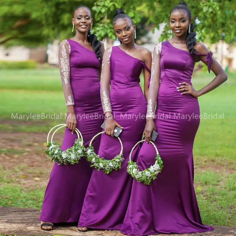 Violet One Shoulder Bridesmaid Dress With Long Sleeves African Mermaid  Vestido Madrinha Floor Length Wedding Guest Party Dress - Bridesmaid Dresses  - AliExpress