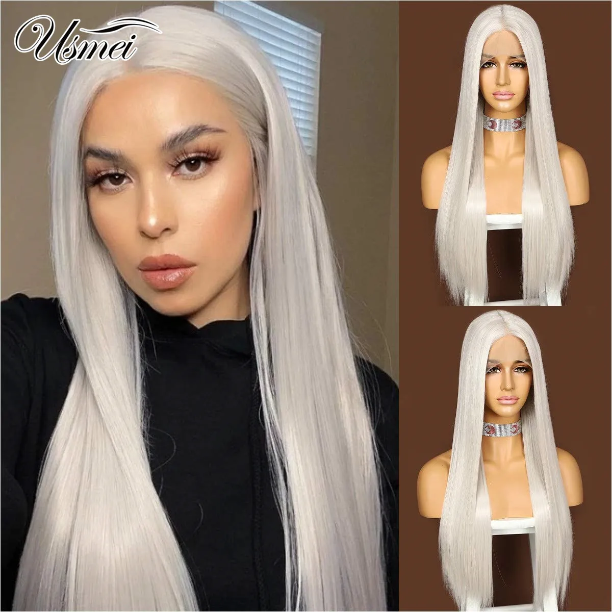 Dianteira do Laço Natural para Mulher Usmei Prateado Branco Peruca Sintética T-parte Longa Reta Glueless Real 26 Polegada 1 High Quality Apliques e perucas