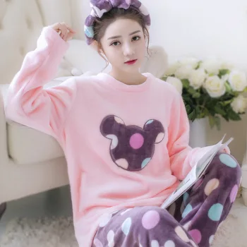 

2pcs Pijamas Suit Cartoon Coral Pajamas Set Long Sleeve Women Cute Shirt &pant Sleep Set Winter Flannel Nightwear Girl Nightgown