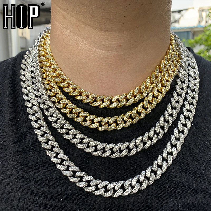 Hip Hop Iced Out Paved Rhinestones 1Set 13MM Gold Miami Curb Cuban...