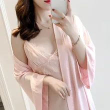 Розовый женский халат набор кружевной отделкой Caim 2 шт халаты костюм кимоно купальные халаты Сексуальный Атласный пижамный костюм из вискозы гостиная сон платье