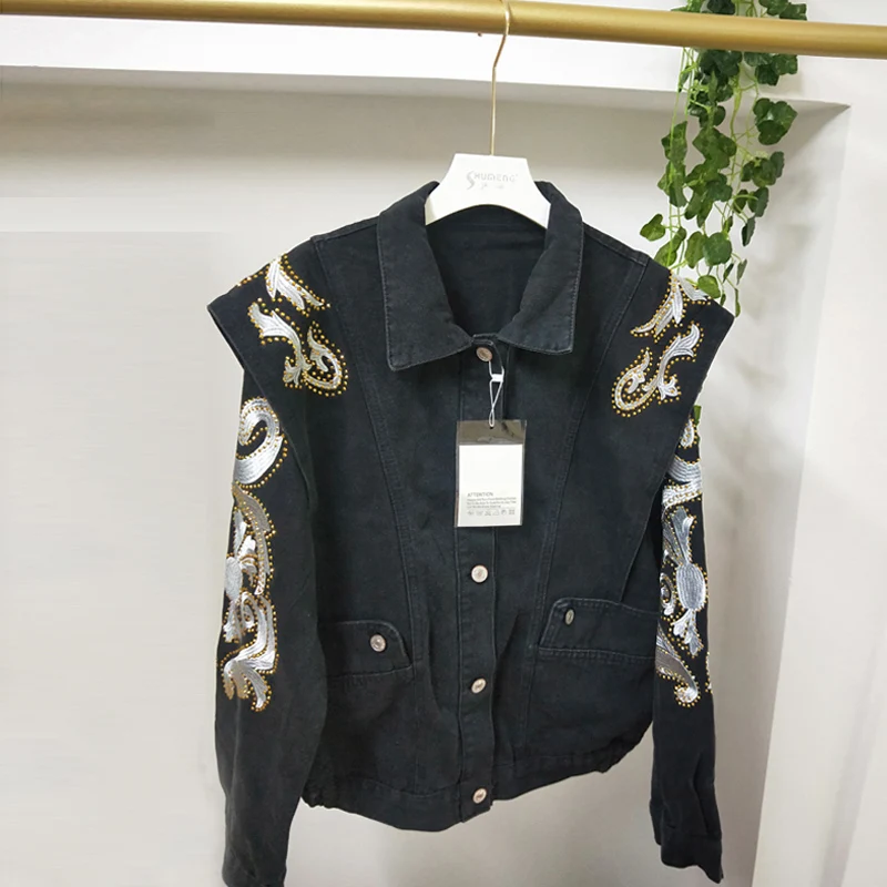 Women Long Sleeve Blue Denim Jacket 2021 Early Spring New Rhinestone Embroidery Lapel Single-breasted Short Coat