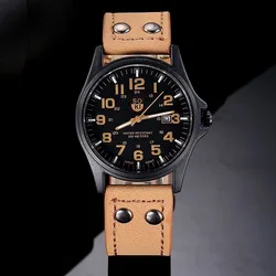 Men's Military Style Quartz Watch with Leather Strap - Casual Sport Wristwatch (K)