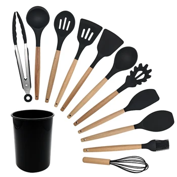 

11pcs Silicone Spatula Kitchen Utensils Set With Storage Barrel Frying Tongs Soup Spoon Scratch Proof Heat Resistant Home