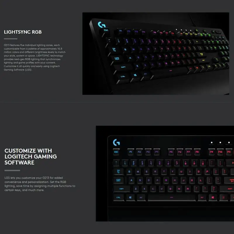 Игровая клавиатура logitech G213, Проводная Механическая клавиатура, защита от брызг, 108 клавиш, игровая RGB подсветка, регулируемая Проводная USB клавиатура