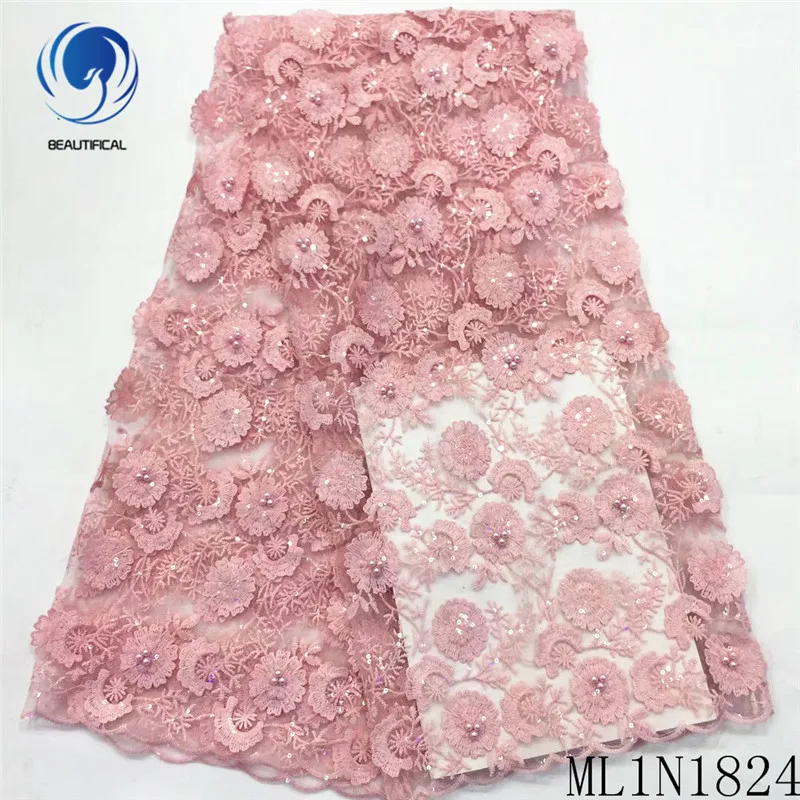 

Beautifical african lace fabrics 2019 New embroidery lace fabrics with beads 5yards french net lace sequins fabric ML1N1824