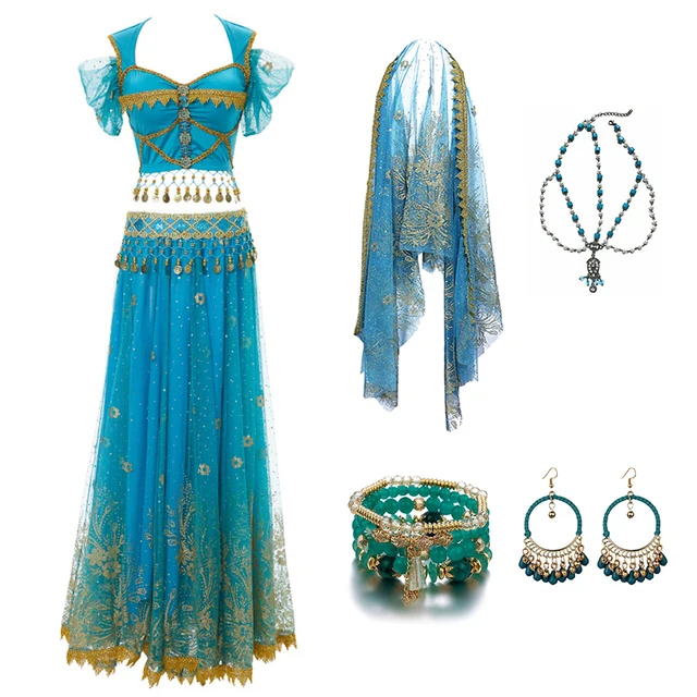 Festival Arabian Princess Costumes Indian Dance Embroider Bollywood Jasmine Costume Party Cosplay Jasmine Princess Fancy Outfit Blue 3 - 7 pcs Set