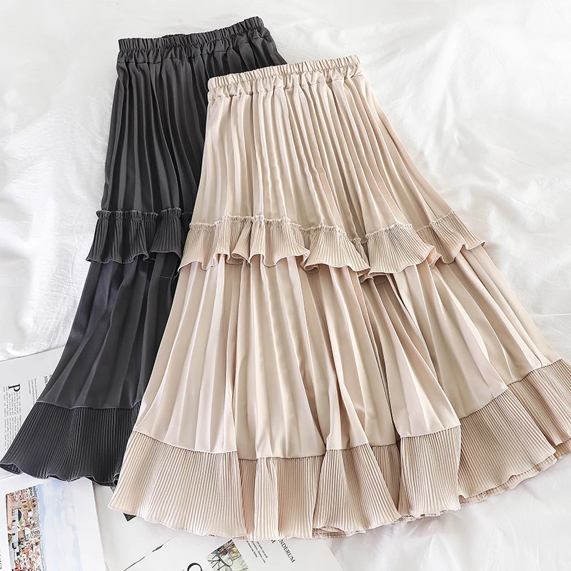 

New Women Skirt Ruffled Stitching Blending Thin Mid-calf Empire Pleated Skirt Female Casual Skirt Irregular Swing A-line Skirt