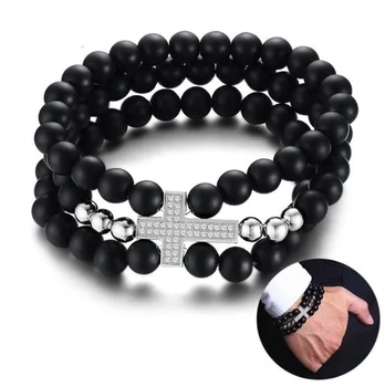 

3 In 1 Beads Bracelets for Men Cross Charm Black Stones Beaded Male Jewels