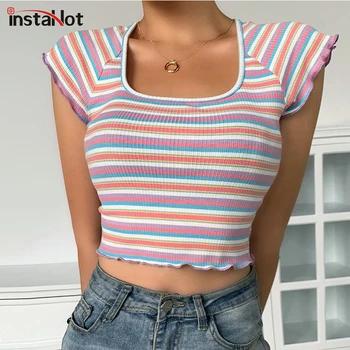 

InstaHot striped ruffle short sleeve t shirt square collar cropped top women summer casual rib knit slim bodycon tops 2020 tee