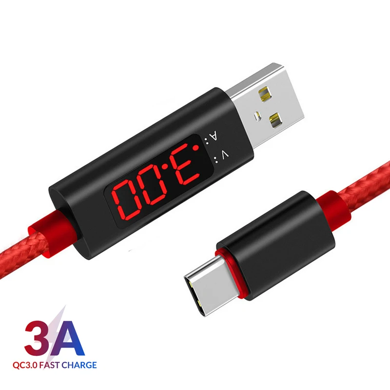 3A Voltage Current Display Nylon Braided Type-C Fast Charing Cable For SAMSUNG Note 9 S10 S8 XIAOMI MI9 MIX3 OnePlus 7 Pro 6T 5T | Мобильные