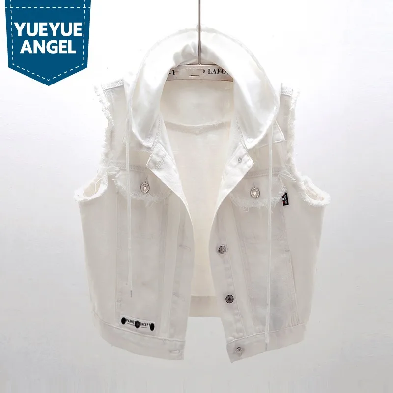 Fashion Women White Hoody Denim Vest Short Waistcoat Plus Size 5XL Hole Ripped Sleeveless Jacket Casual Tassels Jeans Vests Top | Женская