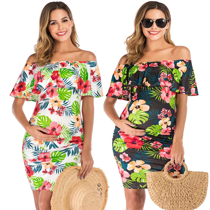 

60232019 Spring New Style Horizontal Neck Loose-Fit Lace-up Short Sleeve Printed Maternity Top