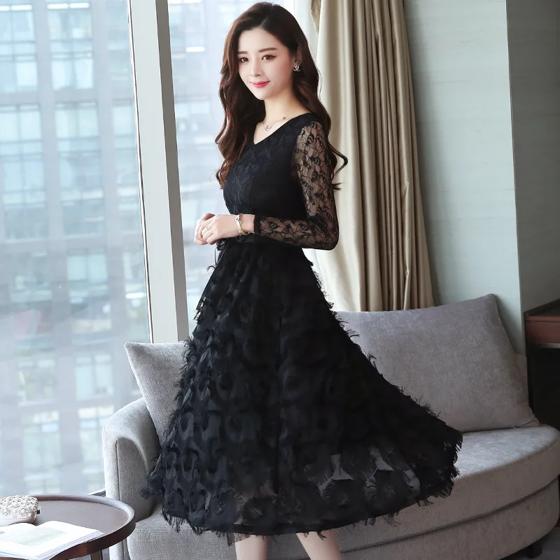 Кружевное платье средней длины, осень, женское платье, стиль, элегантное, талия, облегающее, выше колена, Ранняя осень, Ретро стиль, французское, длинное, для катания на лыжах