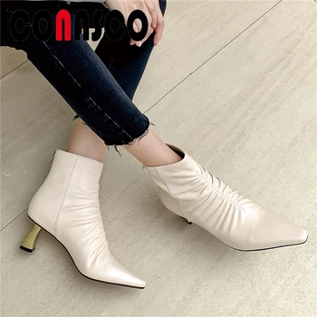 

CONASCO Female Autumn Winter New Ankle Boots For Women Pointed Toe High Heels Shoes Woman Concise Elegant Pleated Basic Boots