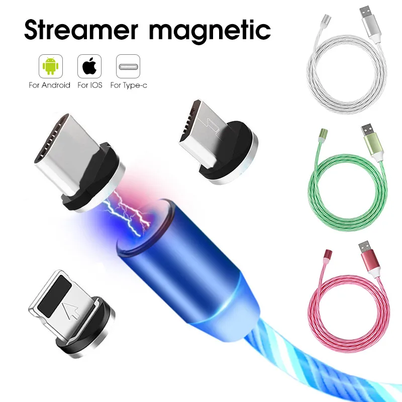 1 м Магнитный зарядный кабель для мобильного телефона Micro usb type C, светящийся светильник, провод для iphone, Samaung, huawei, светодиодный Kable