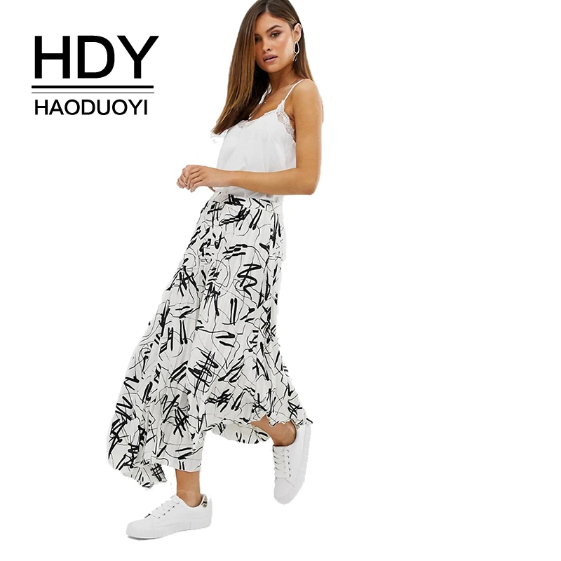 

HDY Haoduoyi Women Clothes Loose High Waist Casual Personality Irregular Symmetrical Printed Summer Fashion Skirt