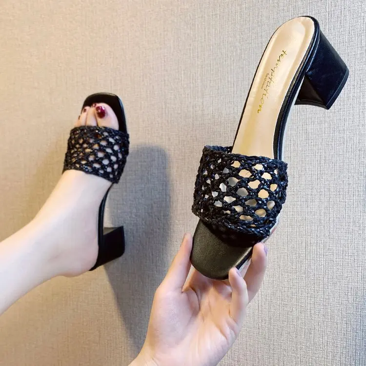 

Summer Elegant Slippers 2020 for Women Shoes Heels Sandals Hollow Female Slippers Chunky Heel Flip Flops