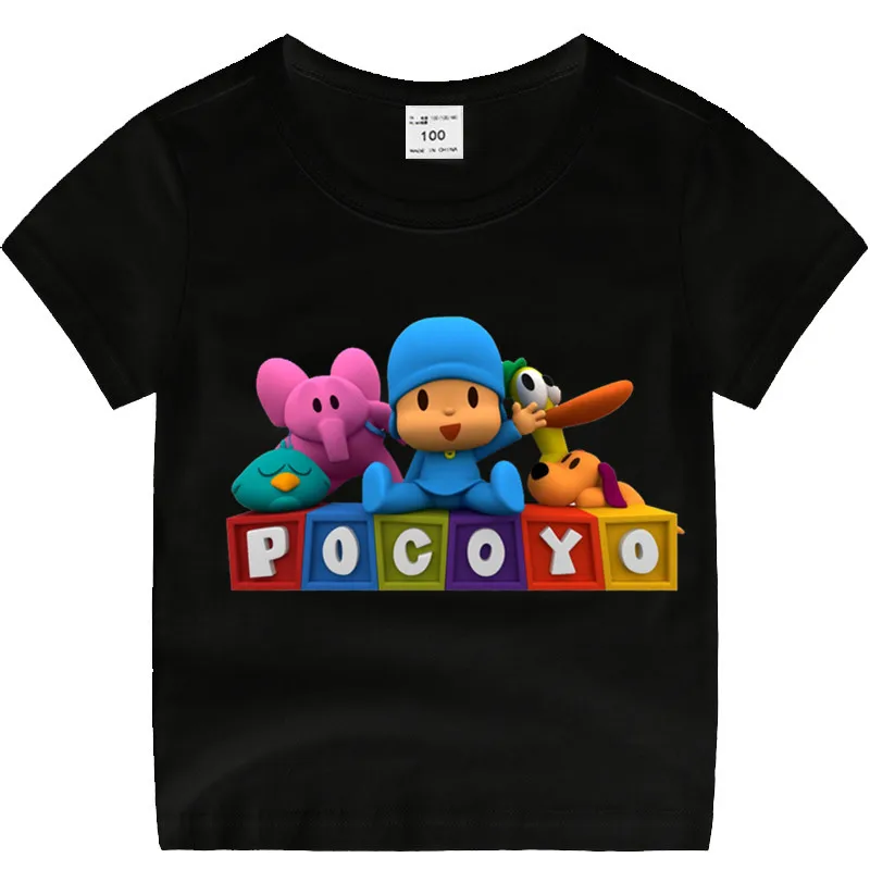 T127O-Black Хлопковая футболка с рисунком Pocoyo для маленьких мальчиков и девочек детская Рождественская рубашка детская футболка для малышей с героями мультфильмов Роскошный топ - Цвет: T127O-Black
