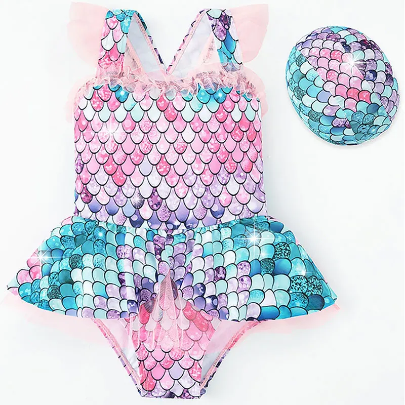 Mermaid Little Princess Swimsuit Baby Girls Swimwear One Piece Girls With Hat Children Swimwear Kids Beach Wear Bathing Suit for one piece swimsuit,children swimsuits,children swimwear