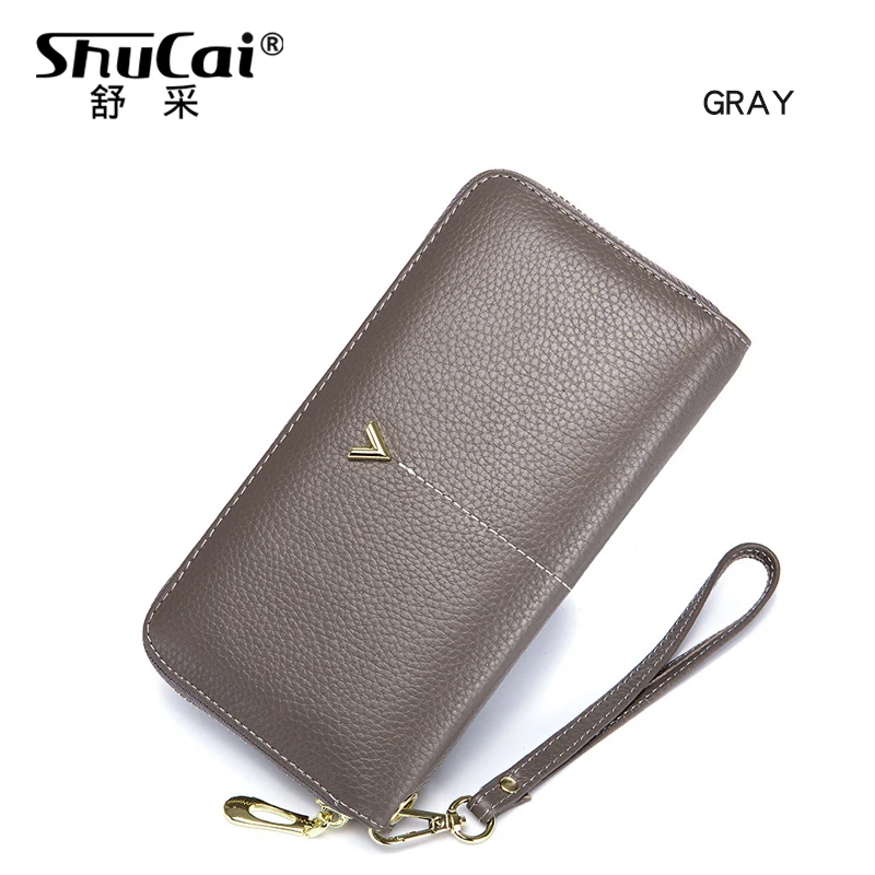 GRAY Модный женский кошелек-клатч из натуральной кожи, Женский кошелек для монет на ремешке, сумка для денег, кошелек для телефона, Длинный кошелек, Женский кошелек на молнии - Цвет: GRAY